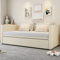 Okwish Lit Gigogne 90/180x200 cm - Lit Multifonction avec Sommier À Lattes, Convertible pour Chambre d'Amis, Velours Beige, Sans Matelas Hot