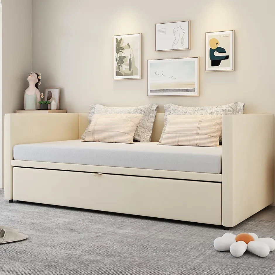 Okwish Lit Gigogne 90/180x200 cm - Lit Multifonction avec Sommier À Lattes, Convertible pour Chambre d'Amis, Velours Beige, Sans Matelas Hot