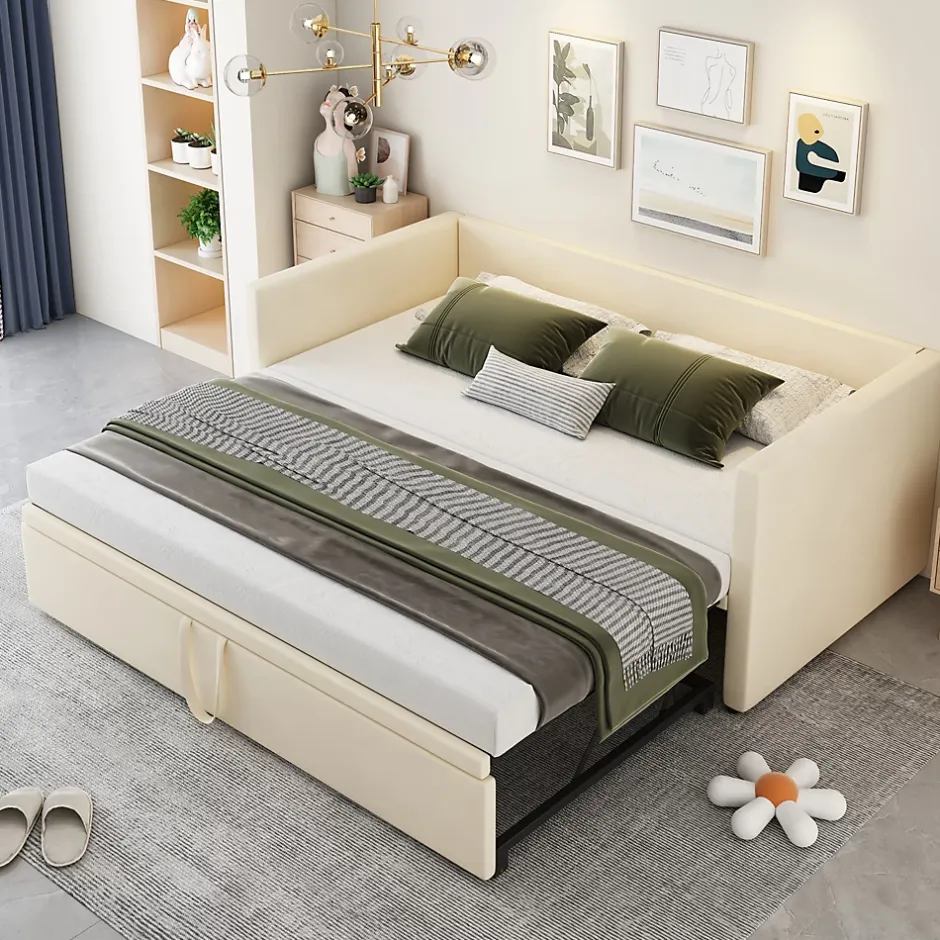 Okwish Lit Gigogne 90/180x200 cm - Lit Multifonction avec Sommier À Lattes, Convertible pour Chambre d'Amis, Velours Beige, Sans Matelas Hot