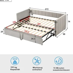 Okwish Lit Gigogne 90/180x200 cm - Lit Multifonction Convertible en Velours Doux, Sans Matelas - Gris Clair New