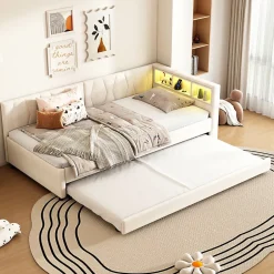 Okwish Lit Gigogne 90x200 cm - Lit Simple Enfant avec Éclairage LED Télécommandé et Port USB Type C - Sans Matelas - Lin Beige Discount
