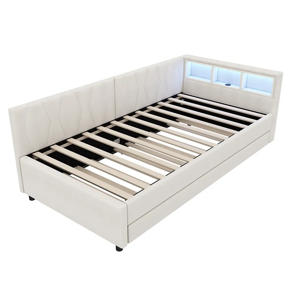 Okwish Lit Gigogne 90x200 cm - Lit Simple Enfant avec Éclairage LED Télécommandé et Port USB Type C - Sans Matelas - Lin Beige Discount