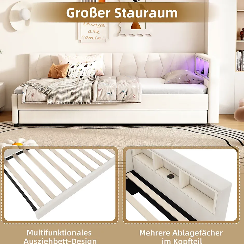 Okwish Lit Gigogne 90x200 cm - Lit Simple Enfant avec Éclairage LED Télécommandé et Port USB Type C - Sans Matelas - Lin Beige Discount