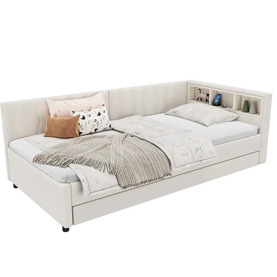 Okwish Lit Gigogne 90x200 cm - Lit Simple Enfant avec Éclairage LED Télécommandé et Port USB Type C - Sans Matelas - Lin Beige Discount