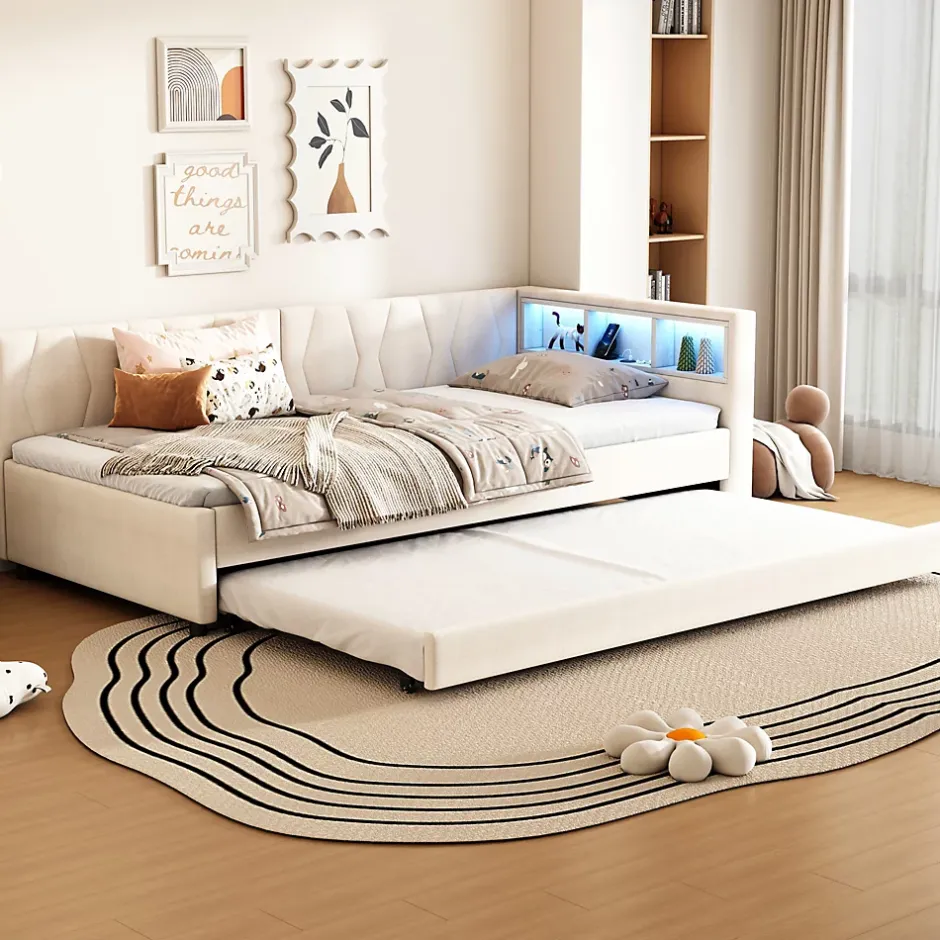 Okwish Lit Gigogne 90x200 cm - Lit Simple Enfant avec Éclairage LED Télécommandé et Port USB Type C - Sans Matelas - Lin Beige Discount