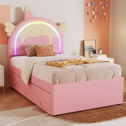 Okwish Lit gigogne 90x200 cm - Lit simple enfant avec lit gigogne - PU + MDF - Sans matelas - Rose Discount