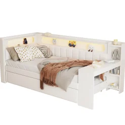 Okwish Lit gigogne 90x200 cm - Lit simple avec port USB et bande LED - Bois - Sans matelas - Blanc New