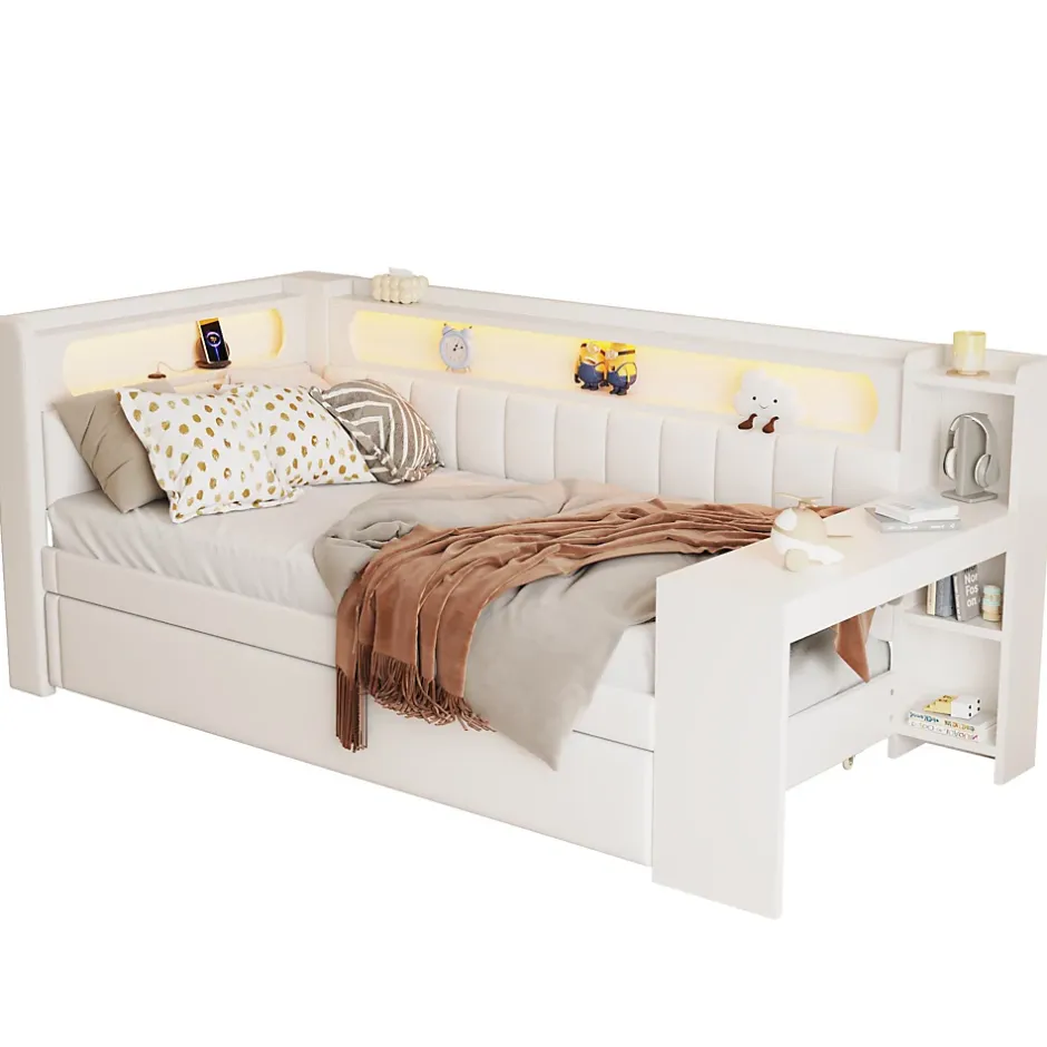 Okwish Lit gigogne 90x200 cm - Lit simple avec port USB et bande LED - Bois - Sans matelas - Blanc New