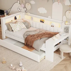 Okwish Lit gigogne 90x200 cm - Lit simple avec port USB et bande LED - Bois - Sans matelas - Blanc New