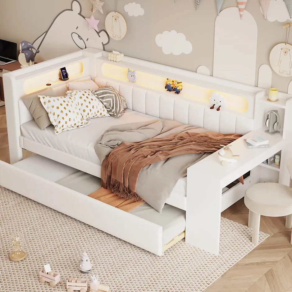Okwish Lit gigogne 90x200 cm - Lit simple avec port USB et bande LED - Bois - Sans matelas - Blanc New