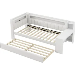 Okwish Lit gigogne 90x200 cm - Lit simple avec port USB et bande LED - Bois - Sans matelas - Blanc New