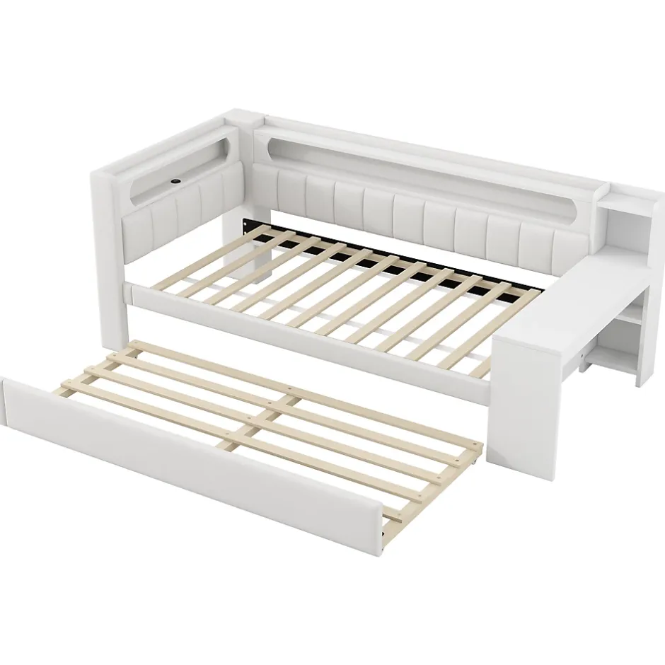 Okwish Lit gigogne 90x200 cm - Lit simple avec port USB et bande LED - Bois - Sans matelas - Blanc New