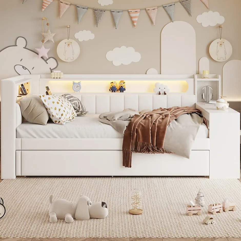 Okwish Lit gigogne 90x200 cm - Lit simple avec port USB et bande LED - Bois - Sans matelas - Blanc New