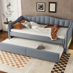 Okwish Lit gigogne 90x200 cm - Lit simple avec lit tiroir et sommier à lattes - Lin + MDF - Sans matelas - Gris