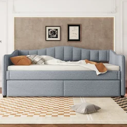 Okwish Lit gigogne 90x200 cm - Lit simple avec lit tiroir et sommier à lattes - Lin + MDF - Sans matelas - Gris