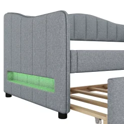 Okwish Lit gigogne 90x200 cm - Lit simple avec lit tiroir et sommier à lattes - Lin + MDF - Sans matelas - Gris