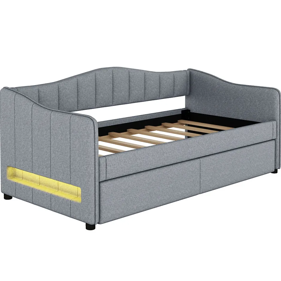 Okwish Lit gigogne 90x200 cm - Lit simple avec lit tiroir et sommier à lattes - Lin + MDF - Sans matelas - Gris