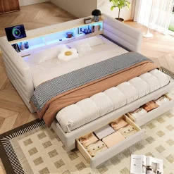 Okwish Lit Gigogne 90x190 cm - Lit Simple avec 2 Tiroirs et Étagères - LED et Ports USB Intégrés - Multifonction en Velours Beige