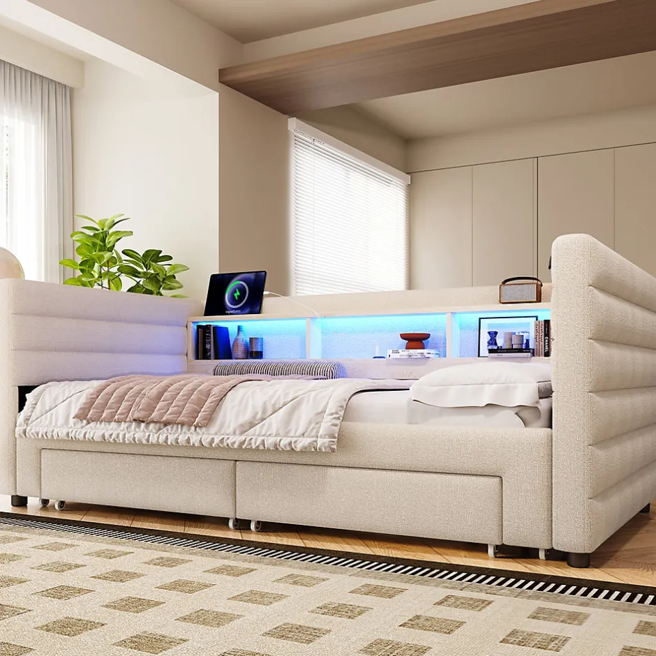 Okwish Lit Gigogne 90x190 cm - Lit Simple avec 2 Tiroirs et Étagères - LED et Ports USB Intégrés - Multifonction en Velours Beige