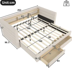 Okwish Lit Gigogne 90x190 cm - Lit Simple avec 2 Tiroirs et Étagères - LED et Ports USB Intégrés - Multifonction en Velours Beige