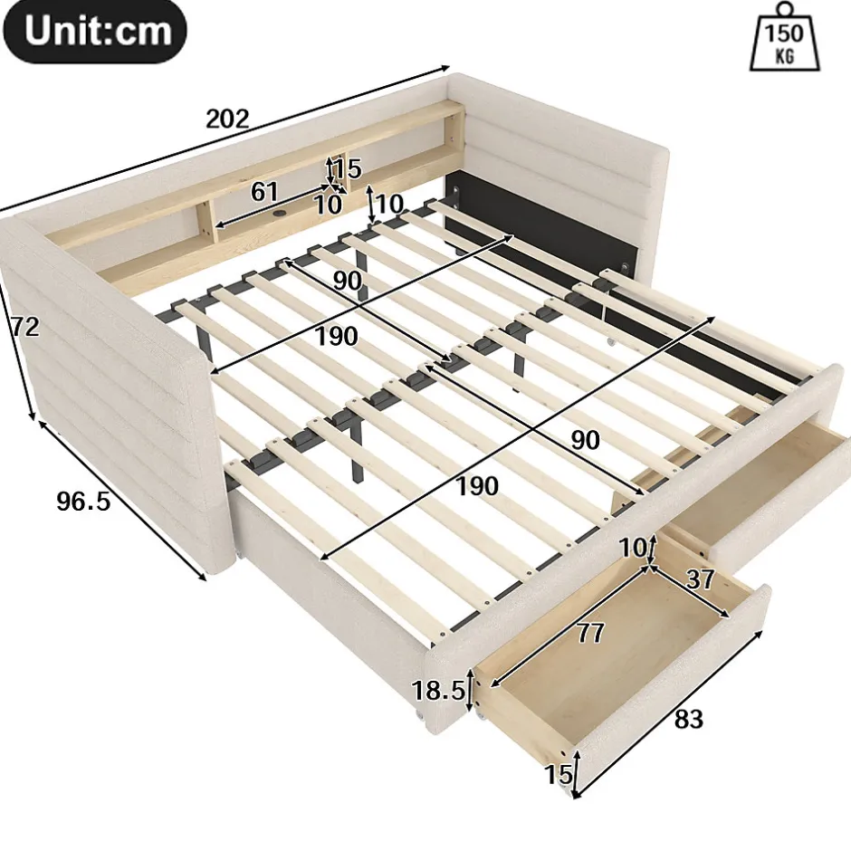 Okwish Lit Gigogne 90x190 cm - Lit Simple avec 2 Tiroirs et Étagères - LED et Ports USB Intégrés - Multifonction en Velours Beige