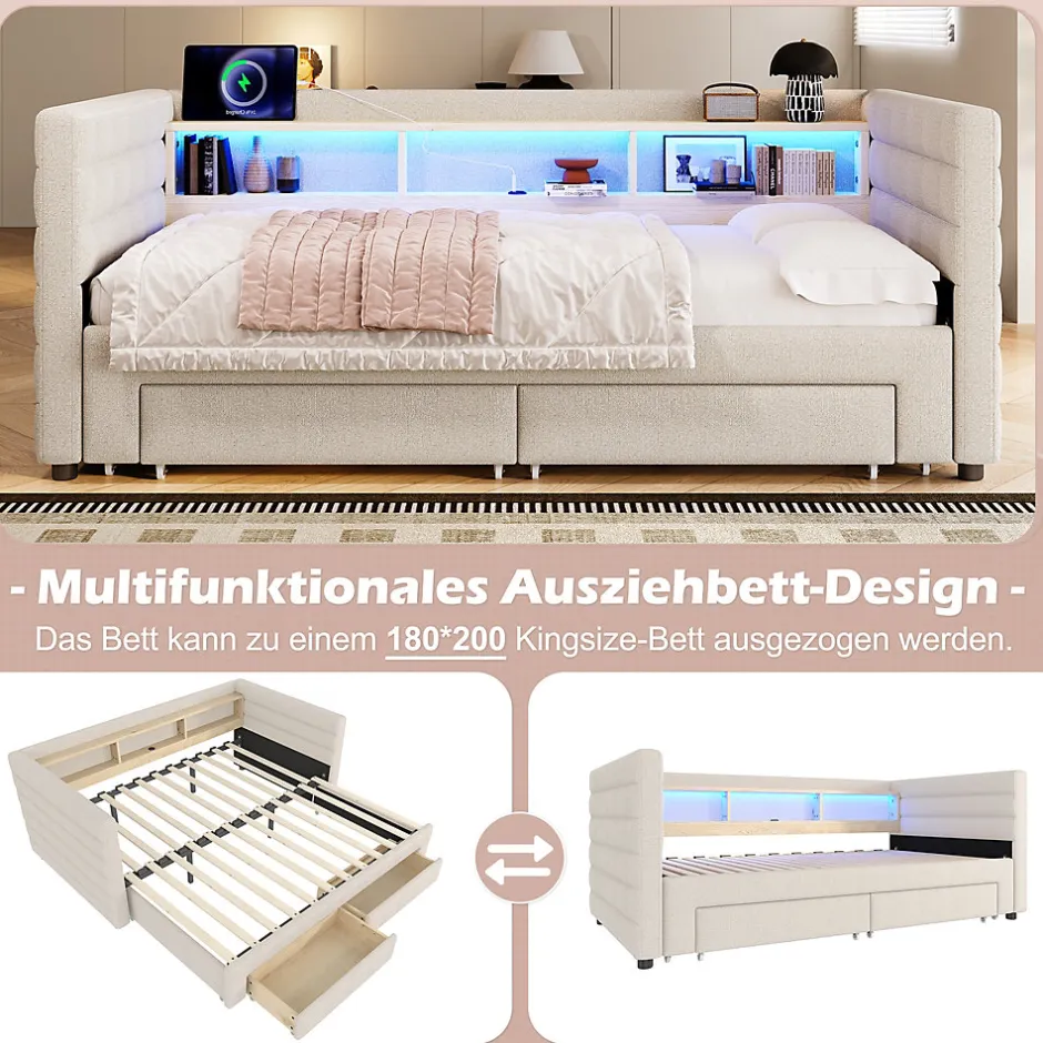 Okwish Lit Gigogne 90x190 cm - Lit Simple avec 2 Tiroirs et Étagères - LED et Ports USB Intégrés - Multifonction en Velours Beige