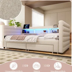 Okwish Lit Gigogne 90x190 cm - Lit Simple avec 2 Tiroirs et Étagères - LED et Ports USB Intégrés - Multifonction en Velours Beige