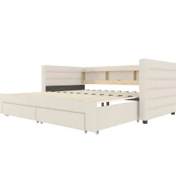 Okwish Lit Gigogne 90x190 cm - Lit Simple avec 2 Tiroirs et Étagères - LED et Ports USB Intégrés - Multifonction en Velours Beige