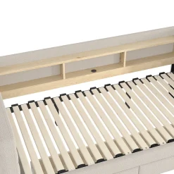 Okwish Lit Gigogne 90x190 cm - Lit Simple avec 2 Tiroirs et Étagères - LED et Ports USB Intégrés - Multifonction en Velours Beige