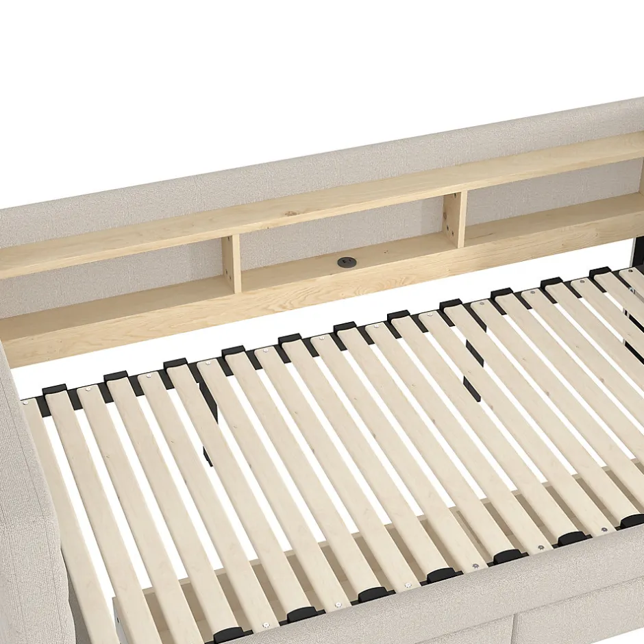 Okwish Lit Gigogne 90x190 cm - Lit Simple avec 2 Tiroirs et Étagères - LED et Ports USB Intégrés - Multifonction en Velours Beige