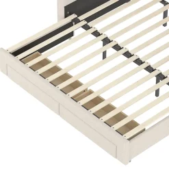 Okwish Lit Gigogne 90x190 cm - Lit Simple avec 2 Tiroirs et Étagères - LED et Ports USB Intégrés - Multifonction en Velours Beige