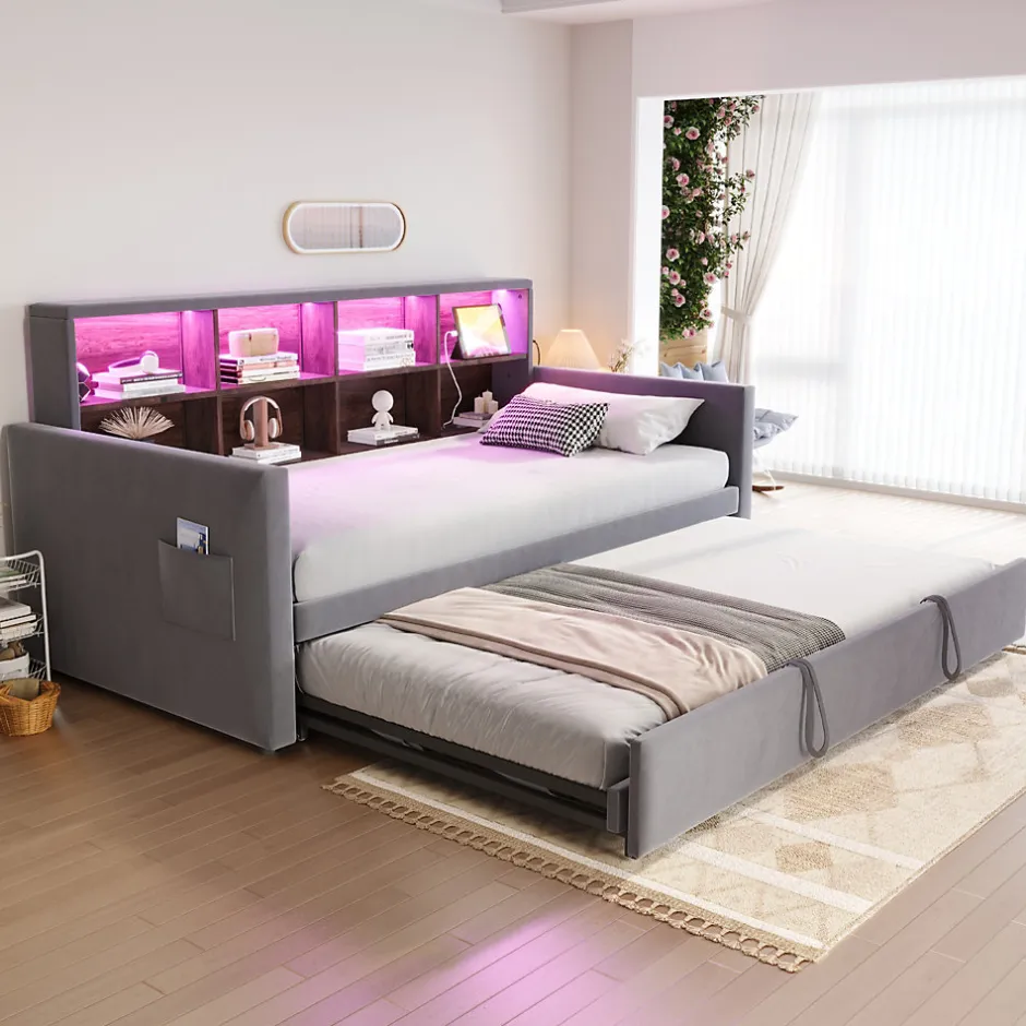 Okwish Lit Gigogne 90x190 cm - Lit Simple Capitonné avec Ports USB+Type-C, Enfant et Ado - Velours, Métal, MDF, Gris Foncé- sans Matelas