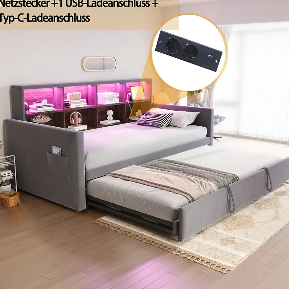 Okwish Lit Gigogne 90x190 cm - Lit Simple Capitonné avec Ports USB+Type-C, Enfant et Ado - Velours, Métal, MDF, Gris Foncé- sans Matelas
