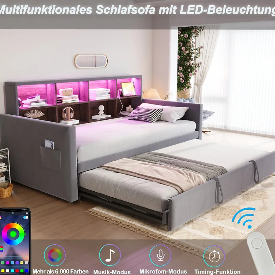 Okwish Lit Gigogne 90x190 cm - Lit Simple Capitonné avec Ports USB+Type-C, Enfant et Ado - Velours, Métal, MDF, Gris Foncé- sans Matelas
