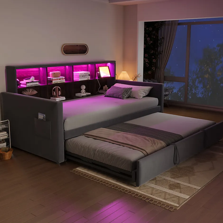 Okwish Lit Gigogne 90x190 cm - Lit Simple Capitonné avec Ports USB+Type-C, Enfant et Ado - Velours, Métal, MDF, Gris Foncé- sans Matelas