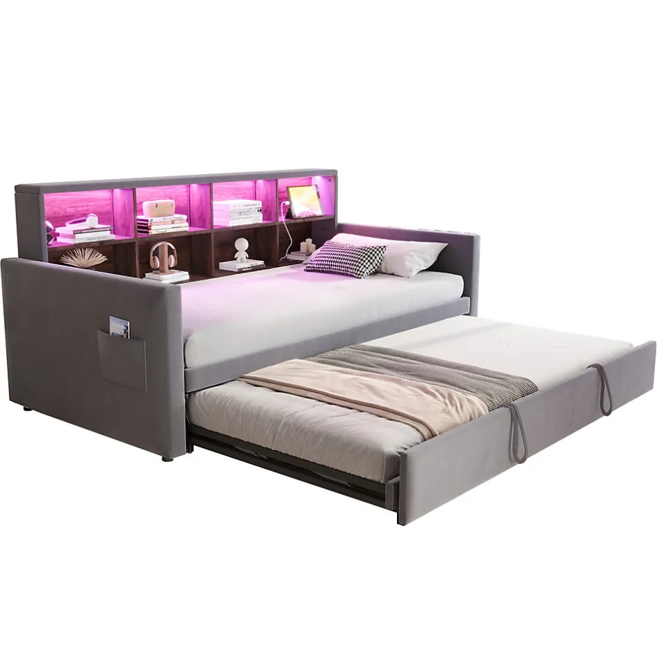 Okwish Lit Gigogne 90x190 cm - Lit Simple Capitonné avec Ports USB+Type-C, Enfant et Ado - Velours, Métal, MDF, Gris Foncé- sans Matelas