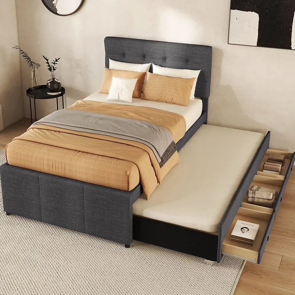 Okwish Lit Gigogne 90x200 cm - Lit Simple avec 3 Tiroirs de Rangement et Tête de Lit Réglable, Rembourré en Tissu Lin, sans Matelas, Gris Hot