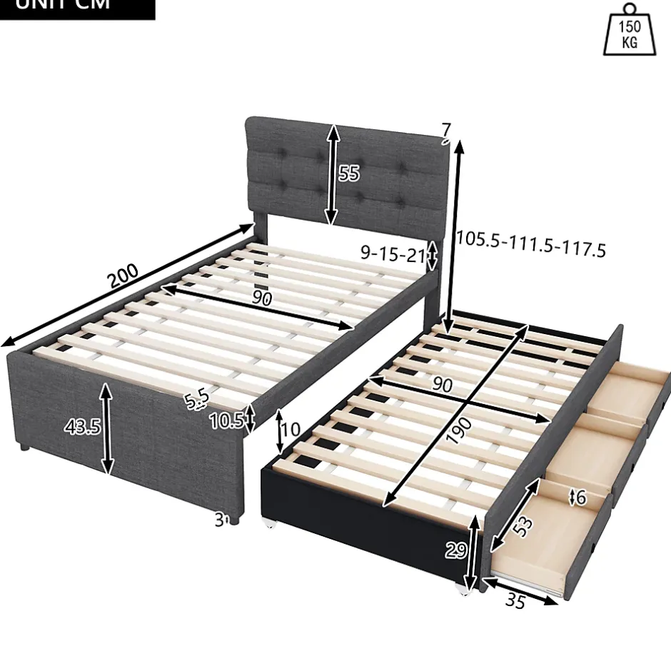 Okwish Lit Gigogne 90x200 cm - Lit Simple avec 3 Tiroirs de Rangement et Tête de Lit Réglable, Rembourré en Tissu Lin, sans Matelas, Gris Hot