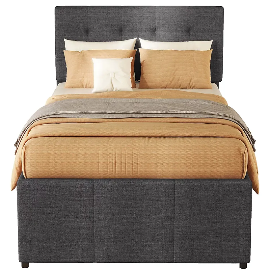 Okwish Lit Gigogne 90x200 cm - Lit Simple avec 3 Tiroirs de Rangement et Tête de Lit Réglable, Rembourré en Tissu Lin, sans Matelas, Gris Hot