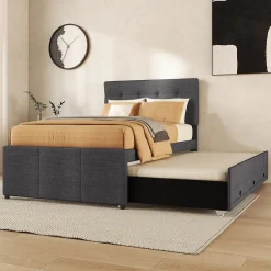 Okwish Lit Gigogne 90x200 cm - Lit Simple avec 3 Tiroirs de Rangement et Tête de Lit Réglable, Rembourré en Tissu Lin, sans Matelas, Gris Hot