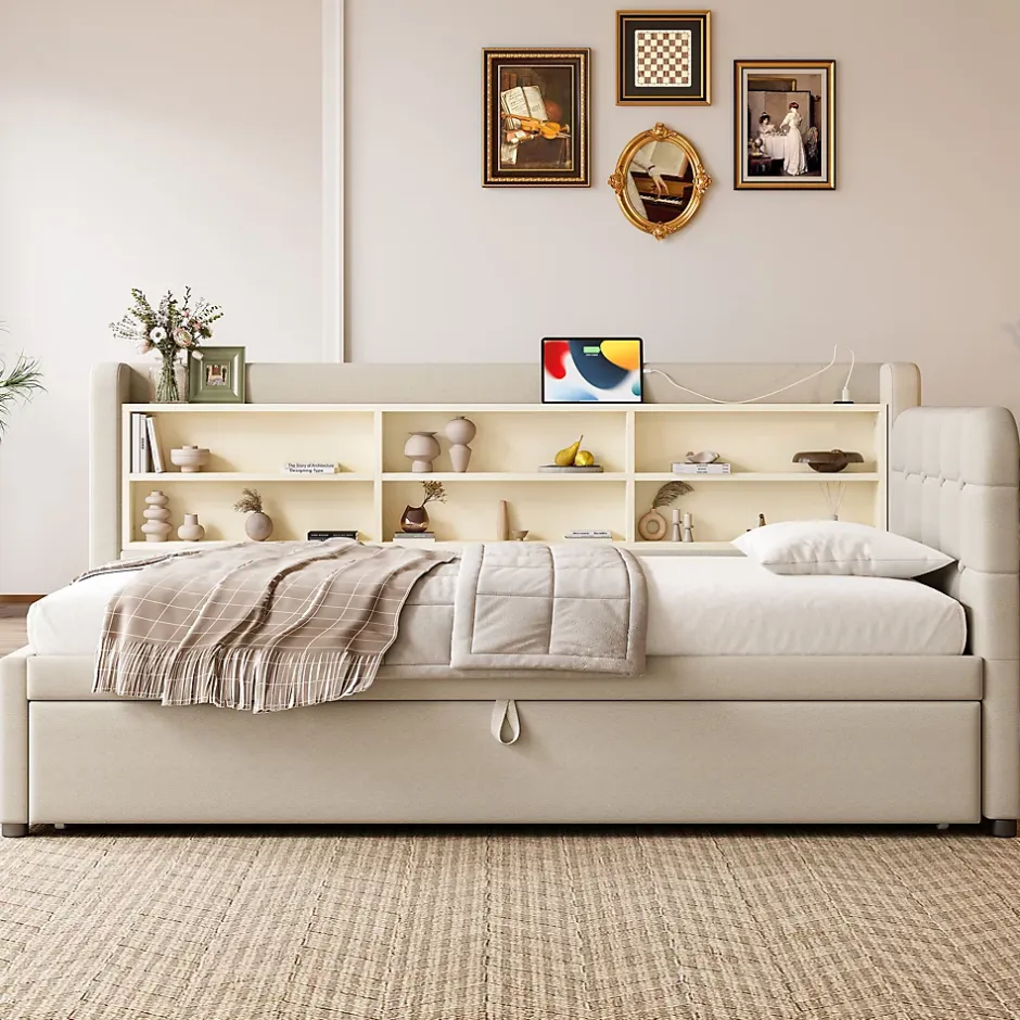 Okwish Lit Gigogne 90x200 cm - Lit Simple avec Rangement et Lit Gigogne Intégré, Ports USB et Type-C, Lin Beige New