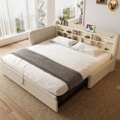 Okwish Lit Gigogne 90x200 cm - Lit Simple avec Rangement et Lit Gigogne Intégré, Ports USB et Type-C, Lin Beige New
