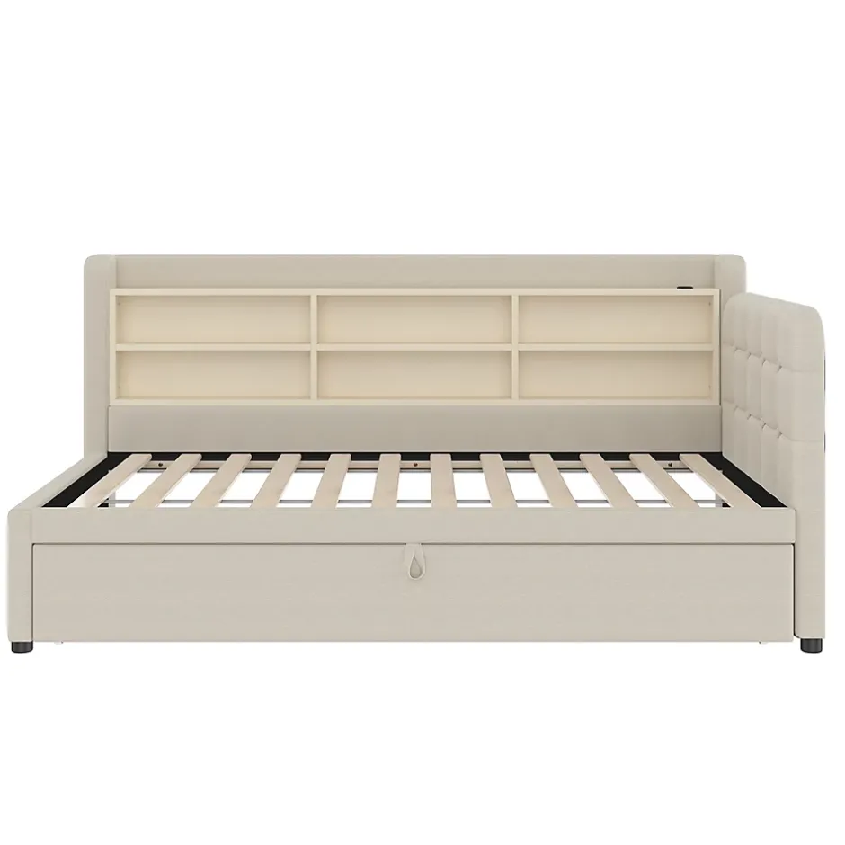 Okwish Lit Gigogne 90x200 cm - Lit Simple avec Rangement et Lit Gigogne Intégré, Ports USB et Type-C, Lin Beige New
