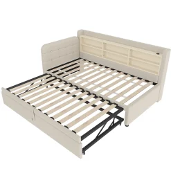Okwish Lit Gigogne 90x200 cm - Lit Simple avec Rangement et Lit Gigogne Intégré, Ports USB et Type-C, Lin Beige New