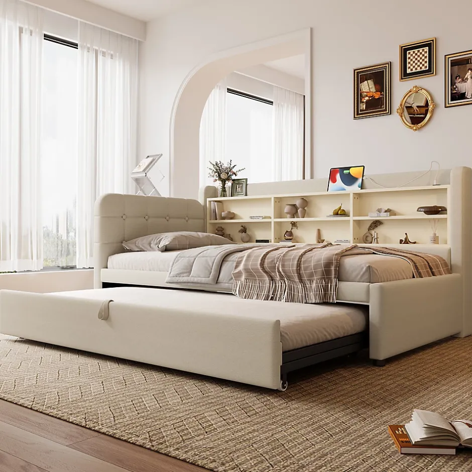 Okwish Lit Gigogne 90x200 cm - Lit Simple avec Rangement et Lit Gigogne Intégré, Ports USB et Type-C, Lin Beige New