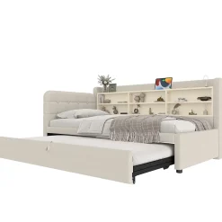 Okwish Lit Gigogne 90x200 cm - Lit Simple avec Rangement et Lit Gigogne Intégré, Ports USB et Type-C, Lin Beige New