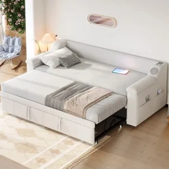 Okwish Lit Gigogne 90/180x190 cm - Lit Simple avec Rangement et Accoudoirs Larges, Système Bluetooth USB, Velours Beige Sale
