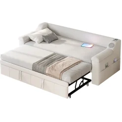 Okwish Lit Gigogne 90/180x190 cm - Lit Simple avec Rangement et Accoudoirs Larges, Système Bluetooth USB, Velours Beige Sale