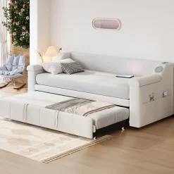 Okwish Lit Gigogne 90/180x190 cm - Lit Simple avec Rangement et Accoudoirs Larges, Système Bluetooth USB, Velours Beige Sale