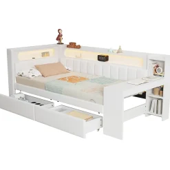 Okwish Lit gigogne 90x200 cm - Lit simple avec port USB et bande LED - Bois - Sans matelas - Blanc
